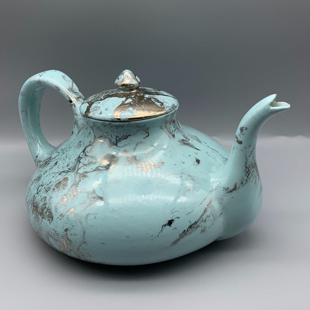 Vintage Sascha Brastoff Surf Ballet Ceramic Turquoise and Silver Teapot with Lid